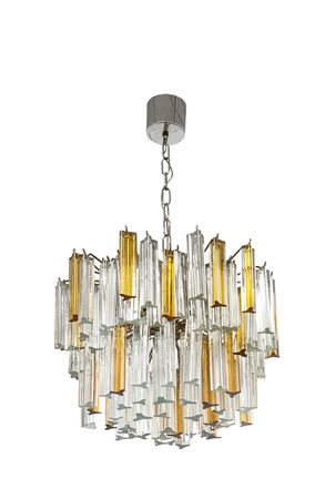 VENINI Lampadario a elementi concentrici in vetro trasparente e color ambra...