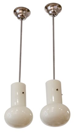 VENINI Coppia di lampade a sospensione con diffusore in vetro tessuto....