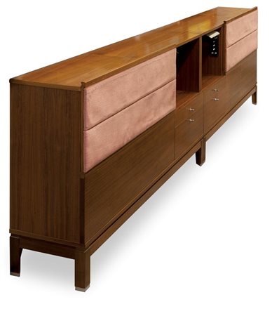 MIM Coppia di comodini contenitori a testile in legno di teak, ante rivestite...