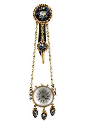 Orologio spilla francese in oro 18k e smalti con Chatelaine con cassa firmata Chaudè Paris