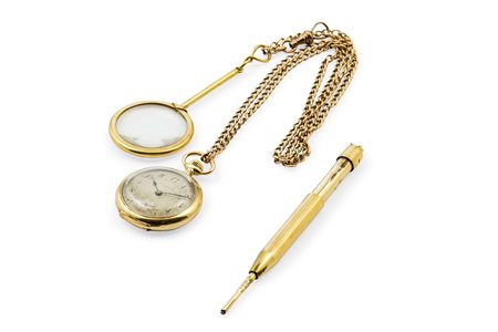 ZENITH - Orologio da taschino in oro 18k con catena con lente e portamina in oro, circa 1900
