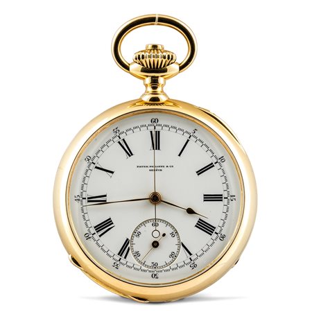 PATEK PHILIPPE - Prestigioso cronografo da tasca monopulsante in oro rosa, cassa tre corpi, con quadrante in smalto e numeri Romani 1890. Accompagnato da astuccio originale ed estratto d'archivio.