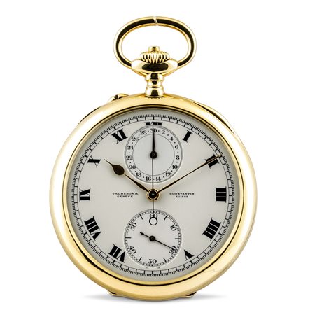 VACHERON & CONSTANTIN - Prestigioso cronografo da tasca monopulsante con quadrante in smalto e contatori disposti verticalmente, 1916. Accompagnato da astuccio originale in marocchino e certificato