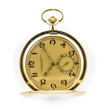 VACHERON & CONSTANTIN - Orologio da tasca savonette in  oro 14k con quadrante in oro e numeri breguet in smalto. Accompagnato dall'astuccio originale
