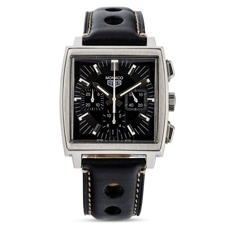 TAG HEUER - Monaco CS2111, cronografo automatico in acciaio, tasti quadri e cinturino in pelle rally. Accompagnato da scatola e garanzia