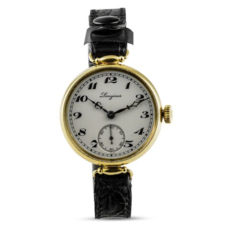 LONGINES - Officier tripla cassa, anse snodabili oro 18k, secondi in basso. Accompagnato dall'estratto d'archivio