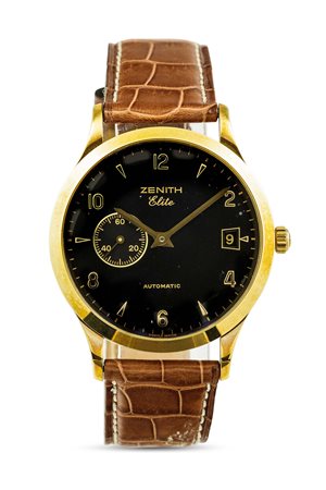 ZENITH - Elite automatico in oro 18k con datario, secondi al nove e fondello a vista. Accompagnato da scatola e garanzia, NOS.