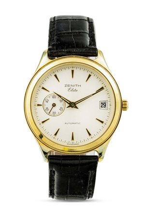 ZENITH - Elite automatico in oro 18k con datario, secondi al nove e fondello a vista. Accompagnato da scatola e garanzia NOS
