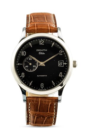 ZENITH - Elite automatico in acciaio con datario, secondi al nove e fondello a vista. Accompagnato da scatola e garanzia, NOS.
