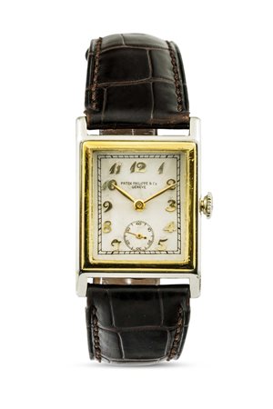 PATEK PHILIPPE - Raro orologio di Forma anni '30 con cassa d'oro 18k bitonale. Con scatola ed Estratto d'Archivio