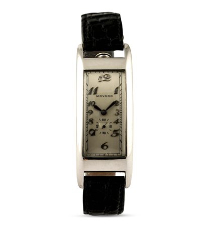 MOVADO - Polyplan con cassa curvex in oro bianco 18k, secondi in basso. Accompagnato da astuccio originale e certificato dell'epoca