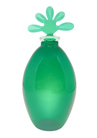 Venini, piccola bottiglia in vetro di Murano colore verde con tappo che...