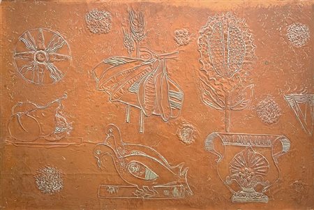 Produzione italiana nello stile di Bragalini. Pannello in rame sbalzato. Anni...