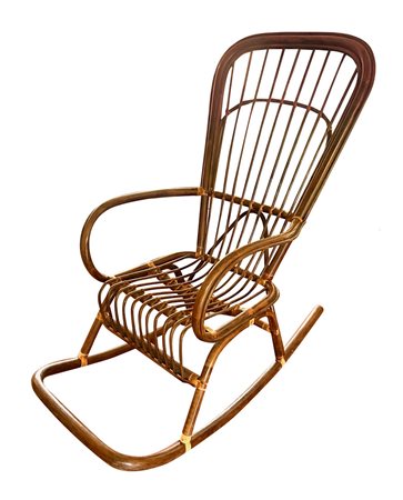 Poltrona in rattan a dondolo. H cm 115, larghezza cm 55, profondità cm 110