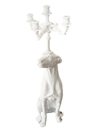 Levriero in maiolica patinata bianca con candeliere a cinque luci. XX secolo,...