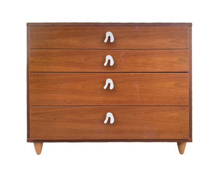 Cassettone rivestito in legno di noce, quattro cassetti dettagli in metallo...