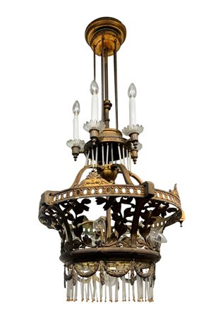 Lampadario in ottone dorato, inizi XX secolo. Con cannule in vetro e...