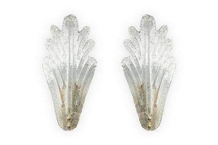 Zonca, gruppo di n. 2 appliques, in vetro rugiada-Murano con base in ottone...