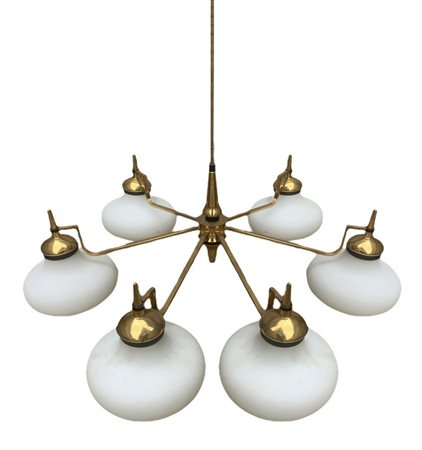 Produzione italiana, lampada a sospensione a cinque luci. Anni ’50,con...