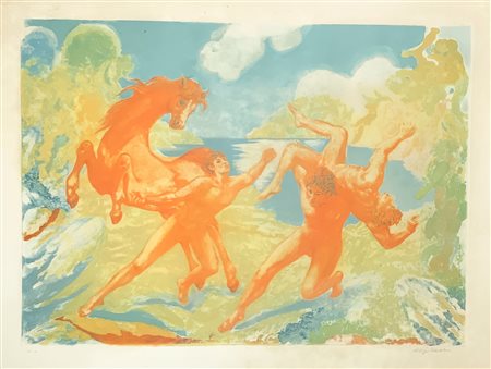 Acquatinta "I lottatori" , Aligi Sassu. 1985,Tiratura 88/150 Cm 105x75