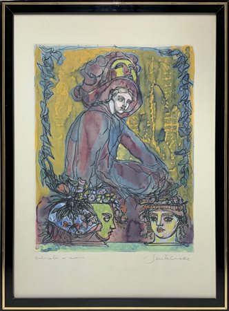 Litografia su carta colorata a mano raffigurante personaggi, Antonio...