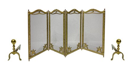 Parascintille con alari. XX secolo,In ottone dorato pieghevole H cm 20...