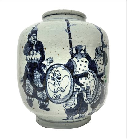 Vaso cinese bianco con decori blu raffigurante samurai. H cm 28. Base...