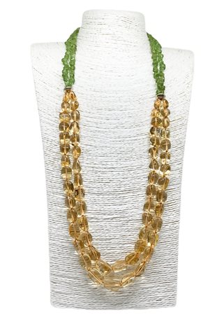 Collana a due fili più due fili, due di QUARZO CITRINO più due di PERIDOTO,...