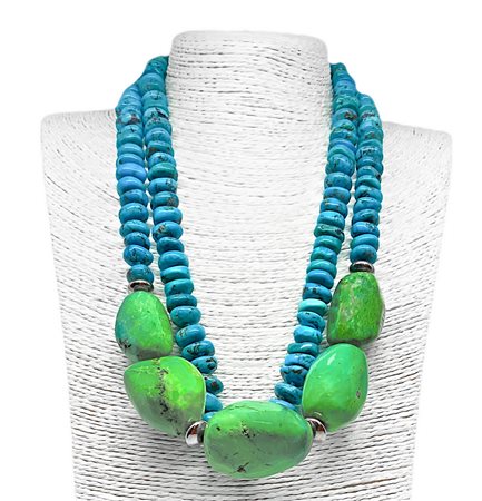 Collana due fili turchese rondella con cinque ciottoli di turchese verde...
