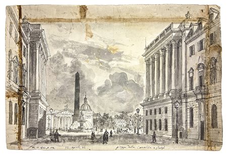 Disegno, acquerello grigio inchiostro raffigurante Piazza della Concordia a...