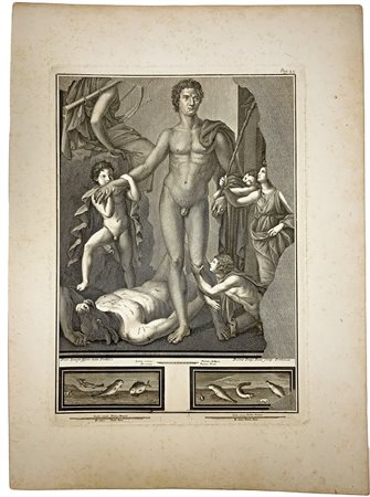 Stampa dall'anno 1725 raffigurante "Hercules uccide il minotauro". Francia,...