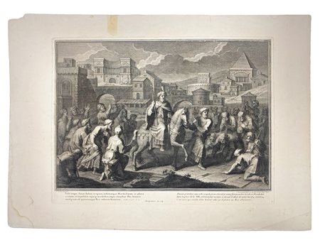 Stampa del 1700 raffigurante "Aman e Mardoch & Eacute; E". Parigi, Design F....