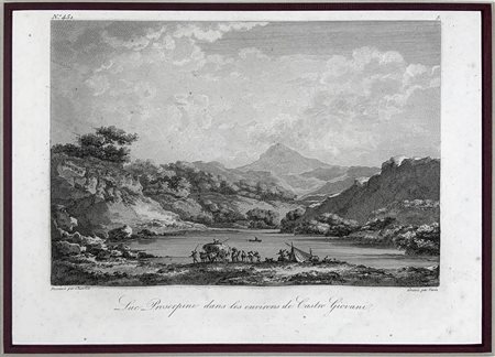 Etching raffigurante lac Proserpine Dans les Environs di Castro Giovanni....