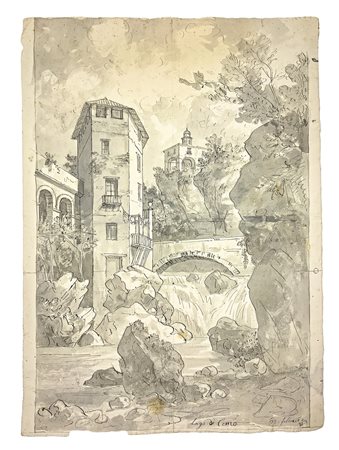 Disegno, inchiostro e matita acquerello grigio raffigurante Pioderna, a...