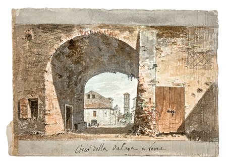 Disegno ad acquerello in porcellana e matita policroma raffigurante Arco...