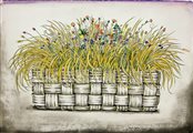 Bruno Caruso, tecnica mista su cartoncino raffigurante cesto di fiori,...