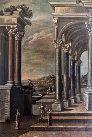 Scuola italiana, Capriccio architettonico con figure XVIII secolo olio su...