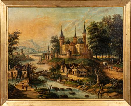 Paesaggio nordico con castello XIX secolo olio su tela cm 63x80