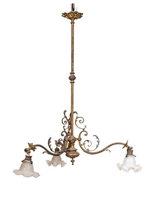 Lampadario a tre bracci inizi XX secolo in metallo dorato, completo di...