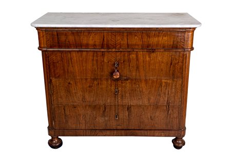 Cassettone Toscana metà XIX secolo in radica di noce piano in marmo bianco...