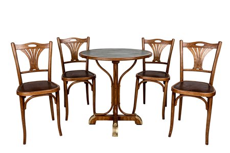 Set tavolino da bistrot e 4 sedie in legno di faggio curvato Lione anni '20...