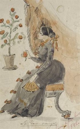 Anonimo XIX sec. La dame orange, 1842 Tecnica mista su carta, cm. 16,5x11,5...