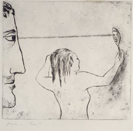 Enrico Baj (Milano, 1924 - 2003) Lo specchio, 1959 Acquaforte, mm. 275x201...