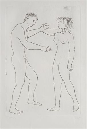 Enrico Baj (Milano, 1924 - 2003) La coppia, 1952-53 Acquaforte, mm. 300x210...