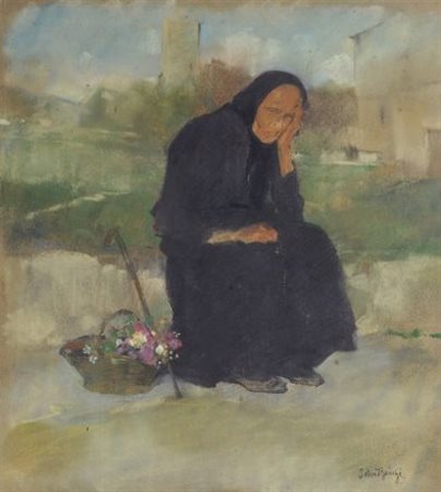 Silvio Bicchi (Montopoli, 1874 - 1948) Figura seduta Pastello ad olio su...