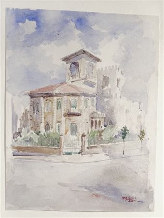 Caselli Casa, 1958 Acquerello su carta, cm. 37,5x29 Firma e data in basso a...