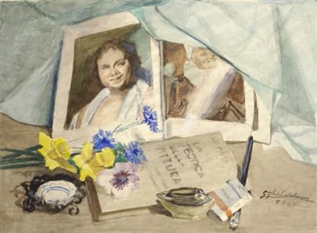 Giulio Ghelarducci (Livorno, 1883 - 1970) Natura morta, 1969 Acquerello su...