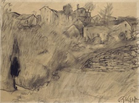 Paulo Ghiglia (Firenze, 1905 - Roma, 1979) Paesaggio con case Carboncino su...