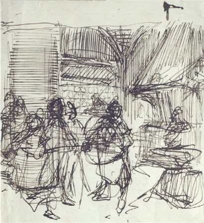 Tito Lessi (Firenze, 1858 - 1917) Mercatino Inchiostro su carta, cm. 13,5x15,5