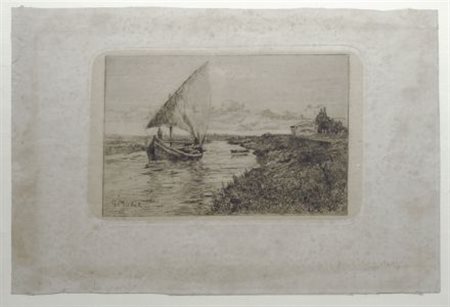 Guglielmo Micheli (Livorno, 1862 - 1926) Barca lungo il fiume Acquaforte, mm....